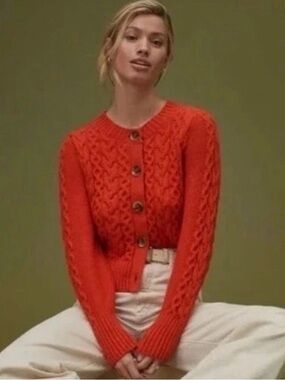 Anthropologie Maeve Chunky Cable Knit Button Front Cardigan Sweater Size M